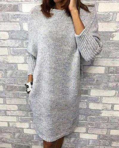 Solid Round Neck Casual Sweater Dress