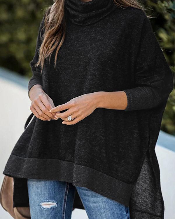 Casual Loose Turtle Neck Side Slit Batwing Sweater