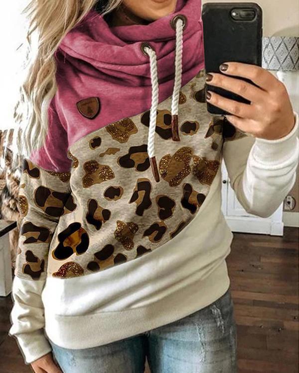 Leopard Printed Long Sleeve Color-Block Hoodie Sweatshirt