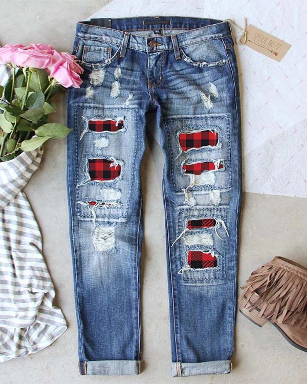 Blue Denim Printed Casual Pants