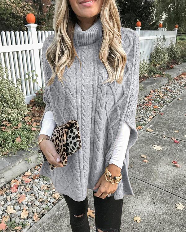 High Neck Loose Cable Knit Pattern Stitching Sweaters Tops