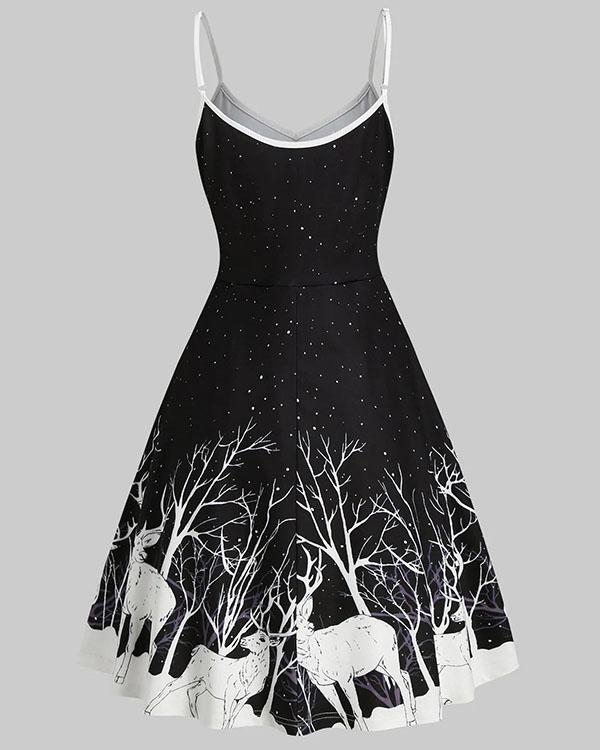 Elegant Christmas Elks Print A-line Sling Midi Dress