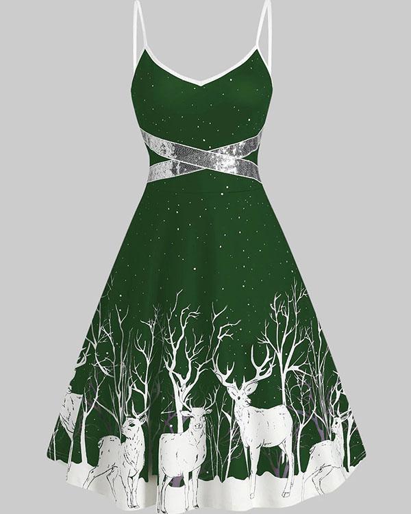 Elegant Christmas Elks Print A-line Sling Midi Dress