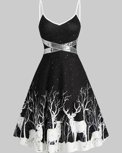 Elegant Christmas Elks Print A-line Sling Midi Dress