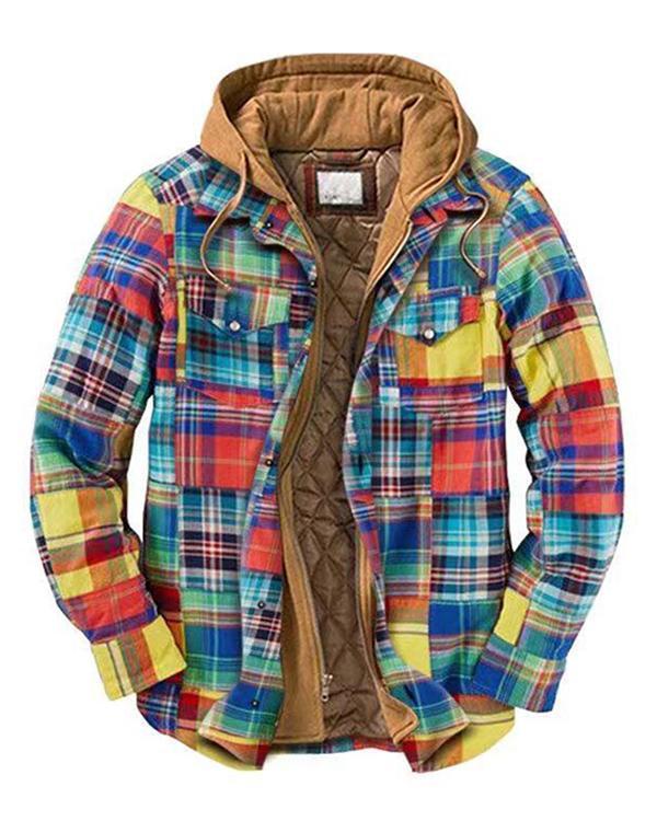 Men's Casual Outdoor Thickened Multicolor Plaid Hooded Jacket