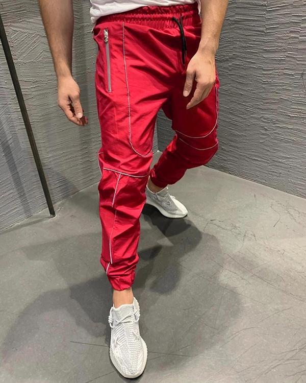 Men's Solid Color Reflective Feet Trendy Fitness Sports Trousers