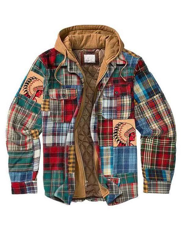 Men's Casual Outdoor Thickened Multicolor Plaid Hooded Jacket