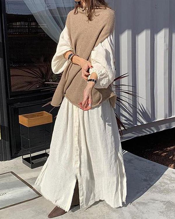 Casual Solid Shirt Shift Dress And Loose Knitted Sweater Set