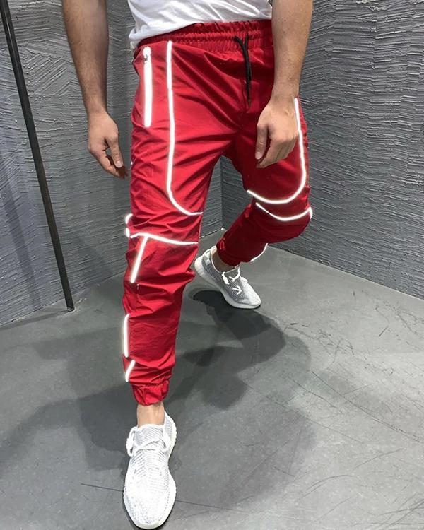 Men's Solid Color Reflective Feet Trendy Fitness Sports Trousers