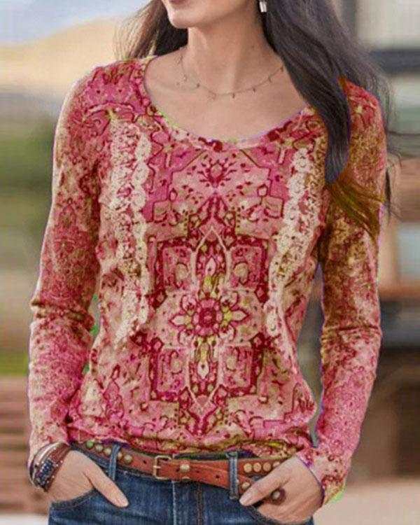 Print Round Neck Long Sleeves Vintage Blouses