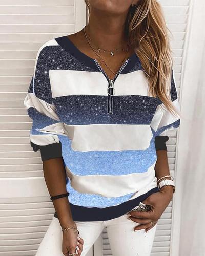 Color Block Casual V-Neckline Long Sleeve Blouses