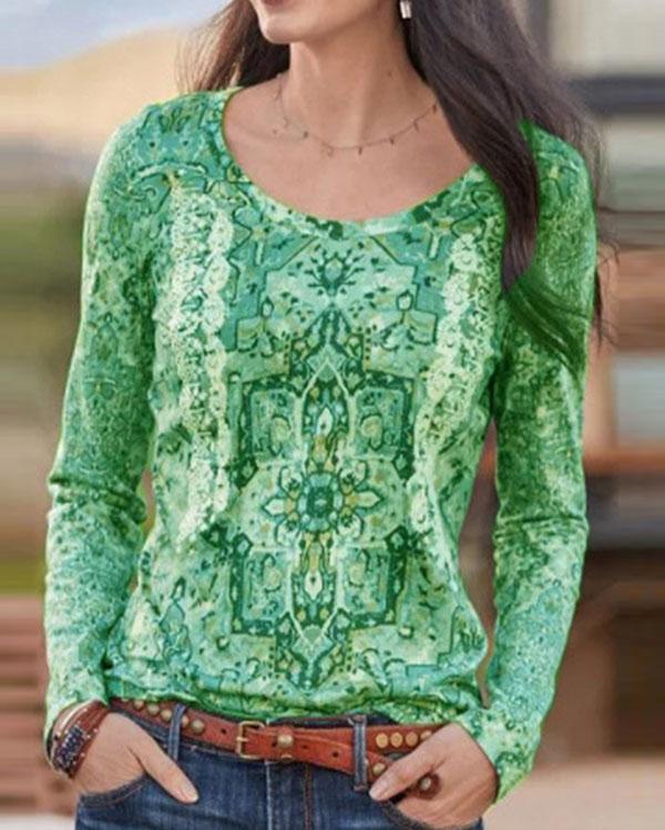 Print Round Neck Long Sleeves Vintage Blouses