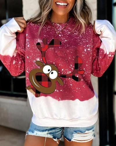 Animal Print Grid Round Neck Long Sleeves Christmas Sweatshirt