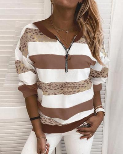 Print Striped V-Neck Long Sleeves Sweatshirt