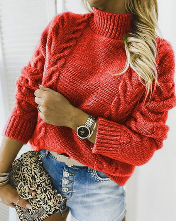 Solid Cable-knit Turtleneck Casual Sweaters