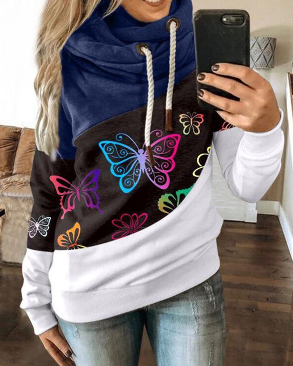 Hoodie Paneled Women Butterfly Long Sleeve Street Sweatshirt