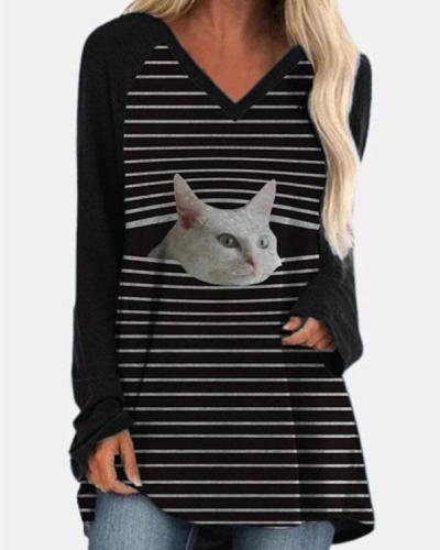 Cat Print Casual V Neck Stripe Shirts & Tops