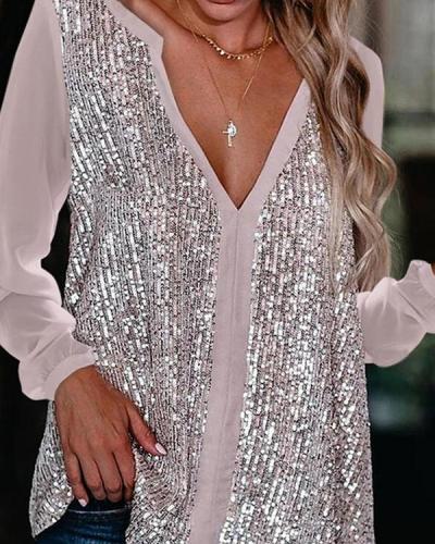Solid Lace Sequins V-Neck Long Sleeves Elegant Blouses