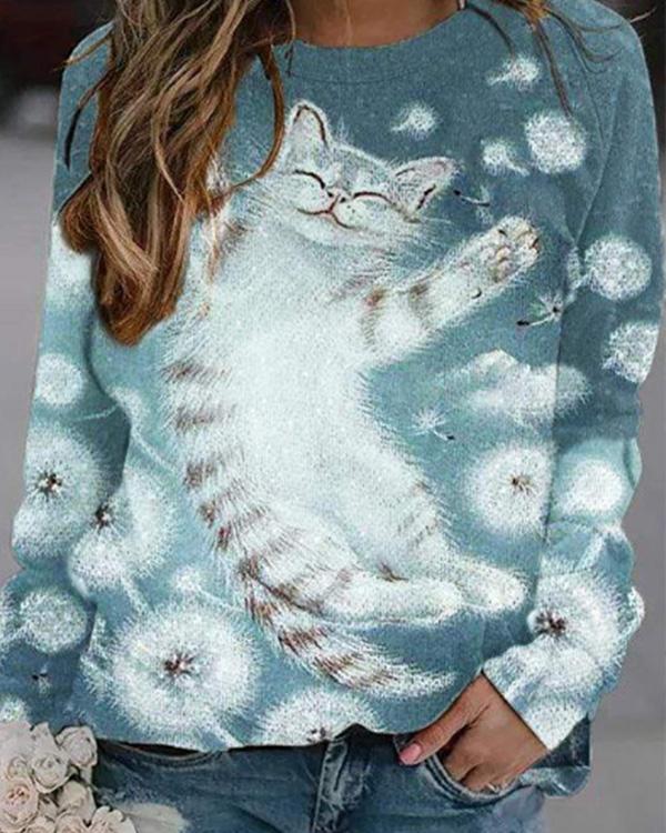 Women Cat Print Casual O Neck Shirts