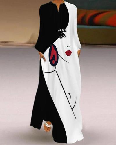 Fashion Figure Print Contrast Autumn Maxi Dress