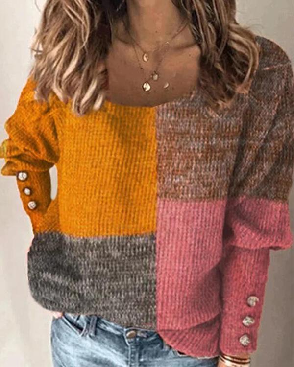 Women Color Block Long Sleeve Daily Sweater