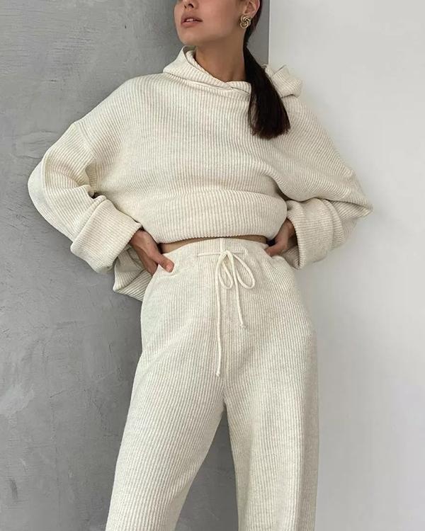 Winter Casual Loose Fit Loungewear Knit Hoodie&Pants Set