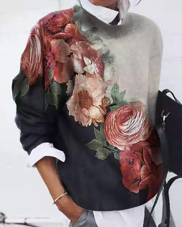 Women Flower Printed  Color Block Long Sleeve Tops