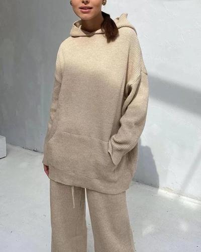 Winter Casual Loose Fit Loungewear Knit Hoodie&Pants Set