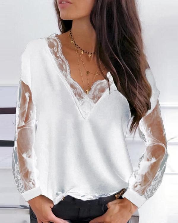 Casual Solid Lace V Neck Loose Fit Blouses