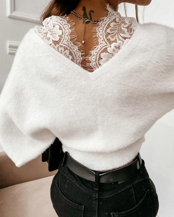 Women Flannel Double V neck Plain Lace Decor Sweater