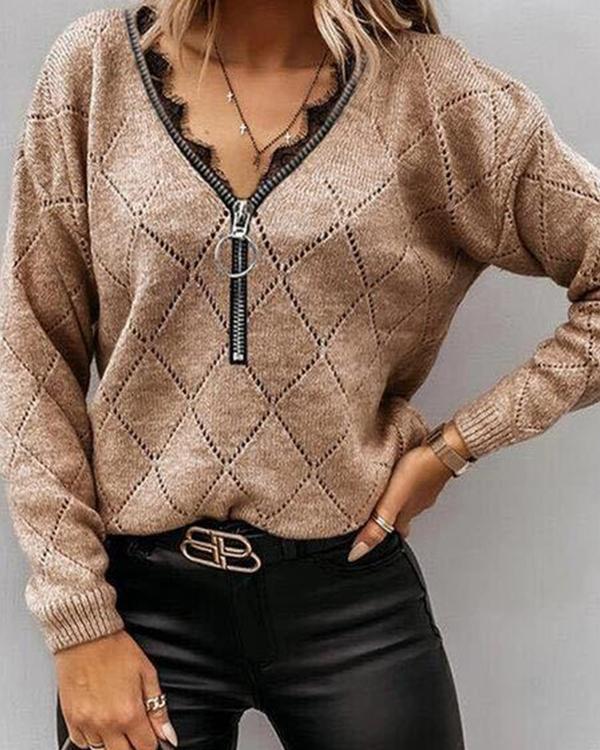 Women Zipper V neck Geometric Knit Shirts&Tops