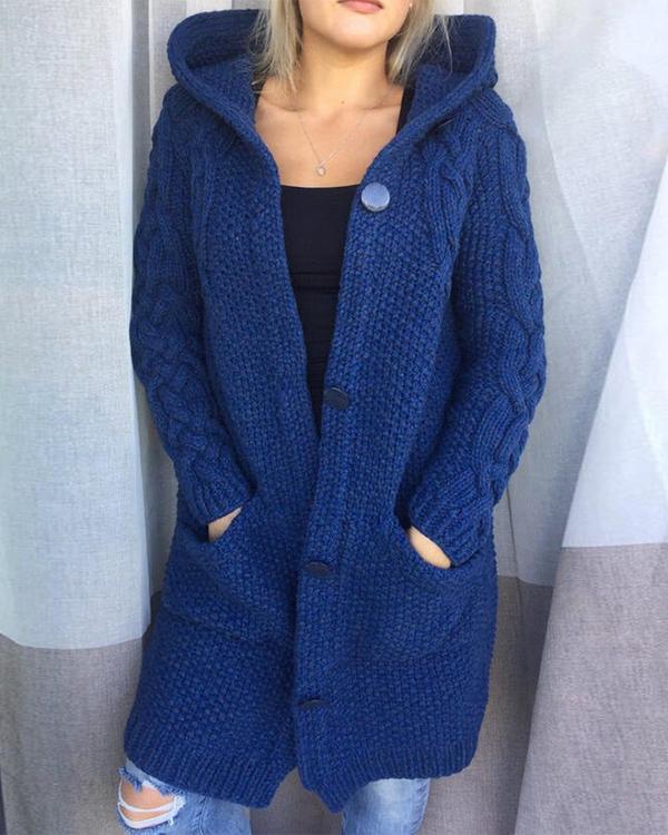 Solid Cable-knit Chunky knit Pocket Hooded Casual Cardigan