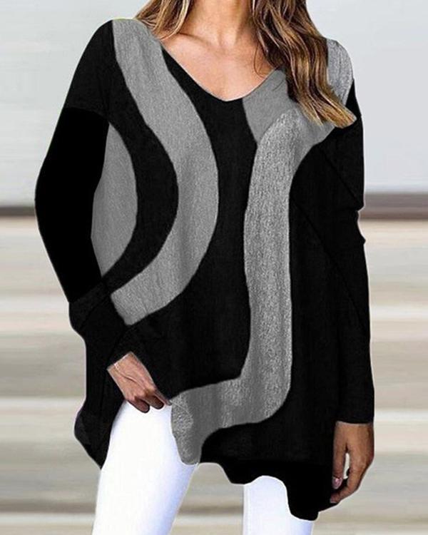 Long Sleeve Geometric Designs Loose Casual Women's T-shirt