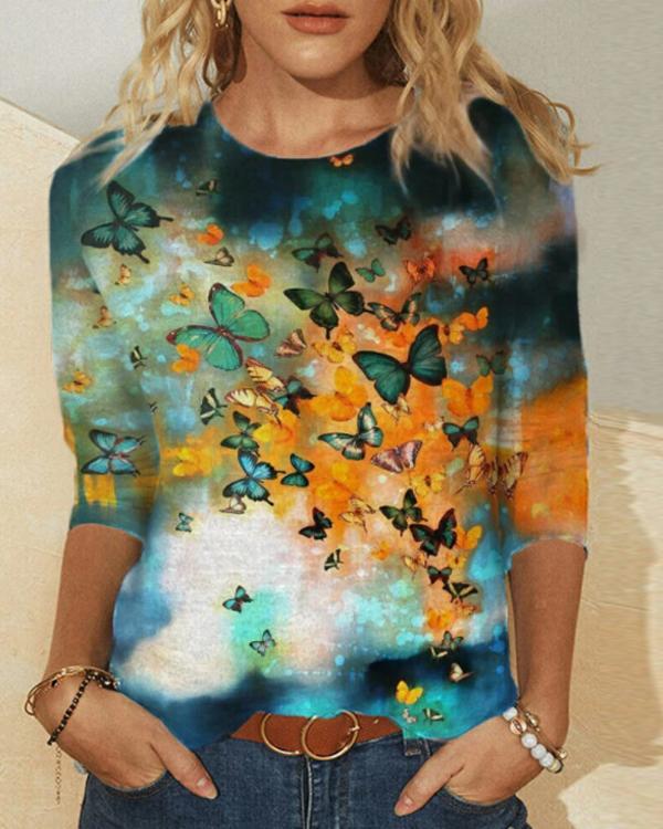 Women Vintage Butterfly Long Sleeve Shirts&Tops