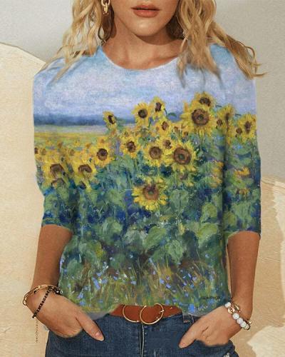 Women Artistic Nature Print Long Sleeve Shirts&Tops