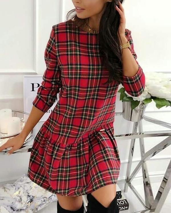 Plaid Long Sleeves Shift Above Knee Casual Dresses