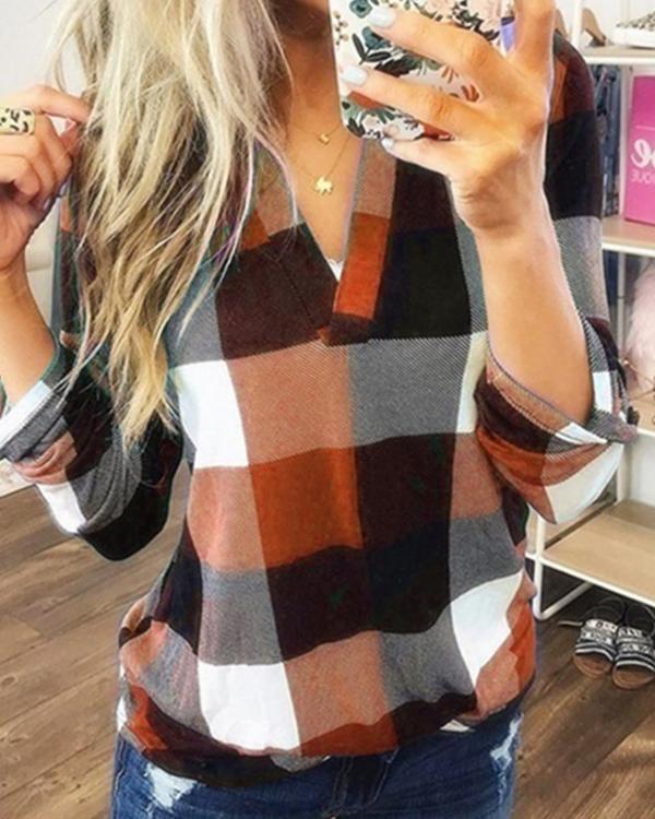 Plaid V-neck Long Sleeve T-shirt