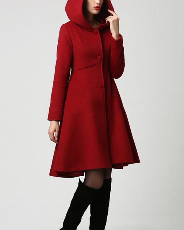 Vintage Plain Color A-line Hooded Trench Coat