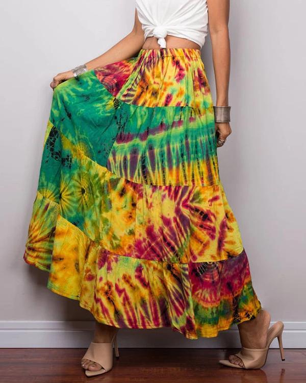 Vintage Gradient Print Paneled Elastic Maxi Skirt