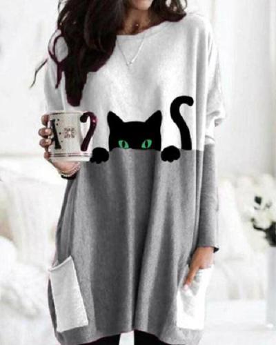 Casual Cat Print Shift Blouse With Pockets