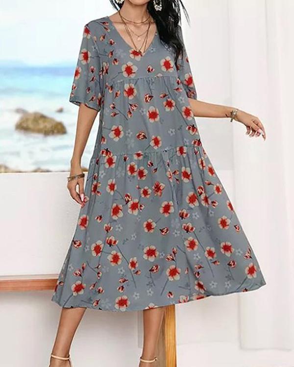 Casual Floral Tunic V-Neckline A-line Dress