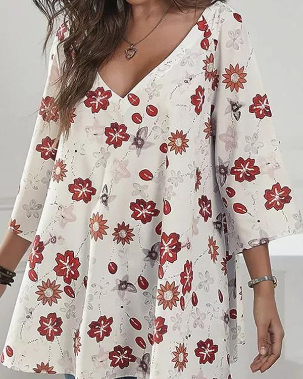 Casual V Neck 3/4 Sleeve Loose Fit Floral Blouses