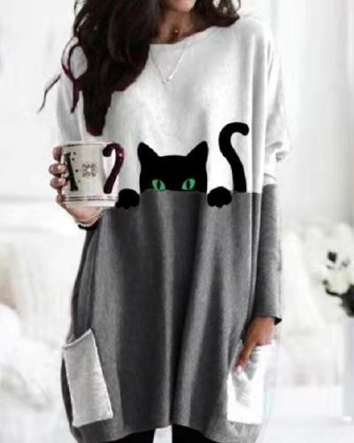 Casual Cat Print Shift Blouse With Pockets