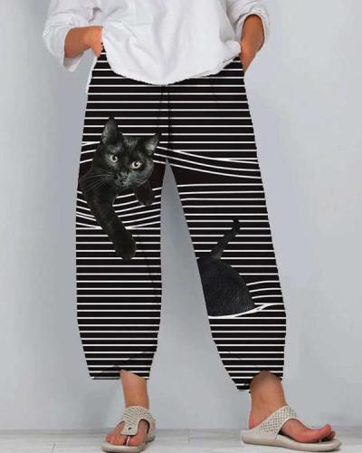 Cat Print Striped Patchwork Elastic Waist Plus Size Pants