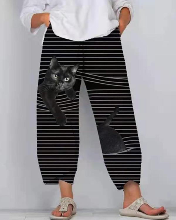 Cat Print Striped Patchwork Elastic Waist Plus Size Pants