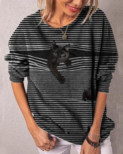 Casual Stripe Black Cat Long Sleeve Pullover T-shirts