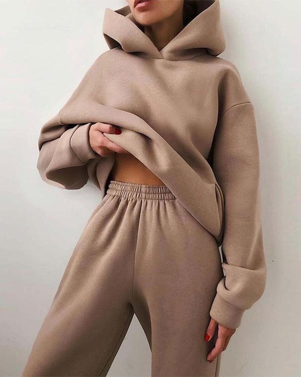 Fashion Casual Hooded Solid Color Two-Piece Suit