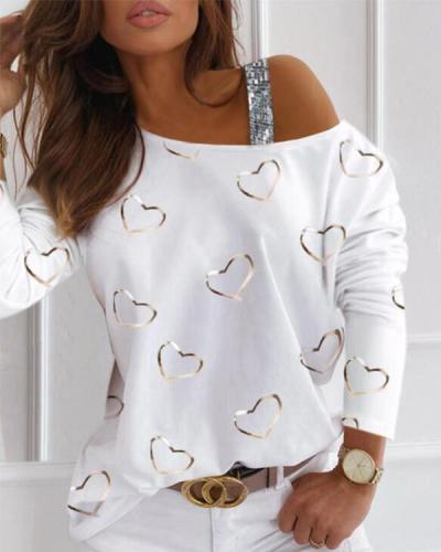 Print Sequins One-Shoulder Long Sleeves Casual Blouses