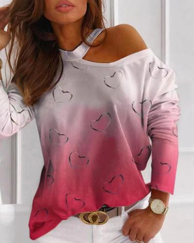 Gradient Heart Print Cold Shoulder Top