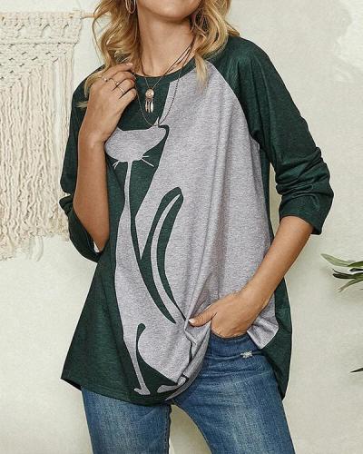Cat Print Long Sleeve O-neck Casual T-shirt for Women